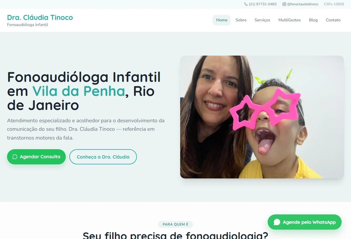 Página inicial do site da fonoaudióloga infantil Cláudia Tinoco, em Vila da Penha, Rio de Janeiro