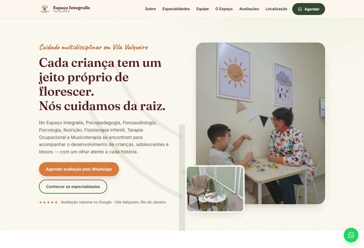 Página inicial do site do Espaço Integralle Valqueire, clínica multidisciplinar no Rio de Janeiro